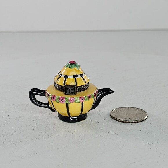 Mary Engelbreit Mini Yellow Teapot Shaped Trinket Box Floral Hinged Lid Enesco - Picture 7 of 8